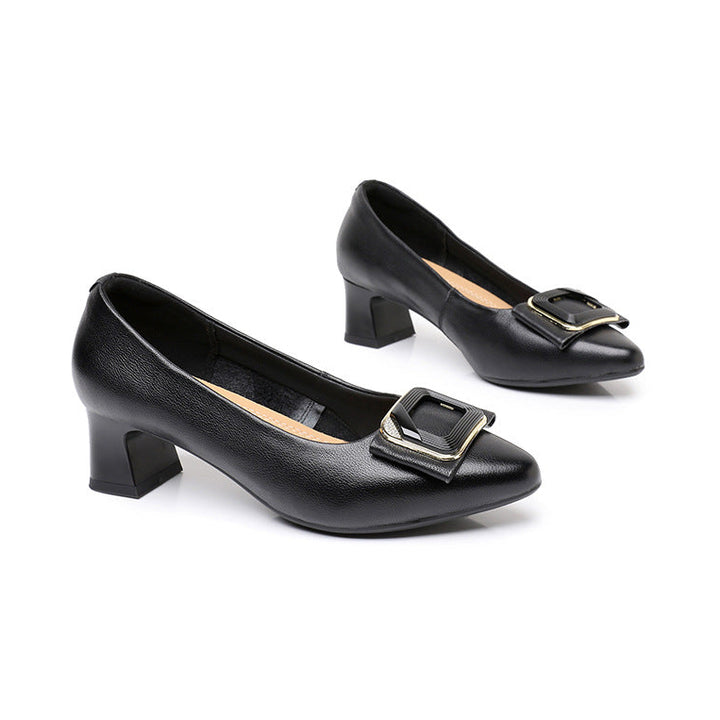 Women's Genuine Leather Pointed Toe Office Pumps Buckle Mid Chunky Heel Slip On Shoes