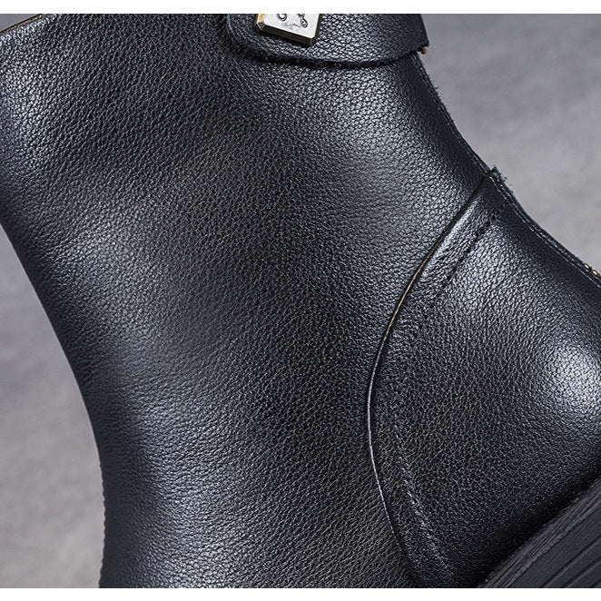 Women's Genuine Leather Short Boots – Minimalist Design with Zipper Closure