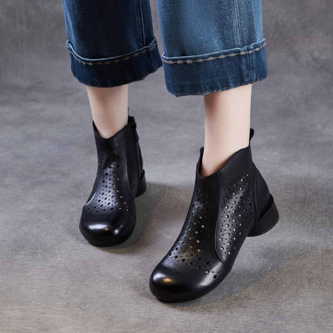 Women’s Summer Breathable Cut-Out Leather Boots – Retro Mid Heel Sandals