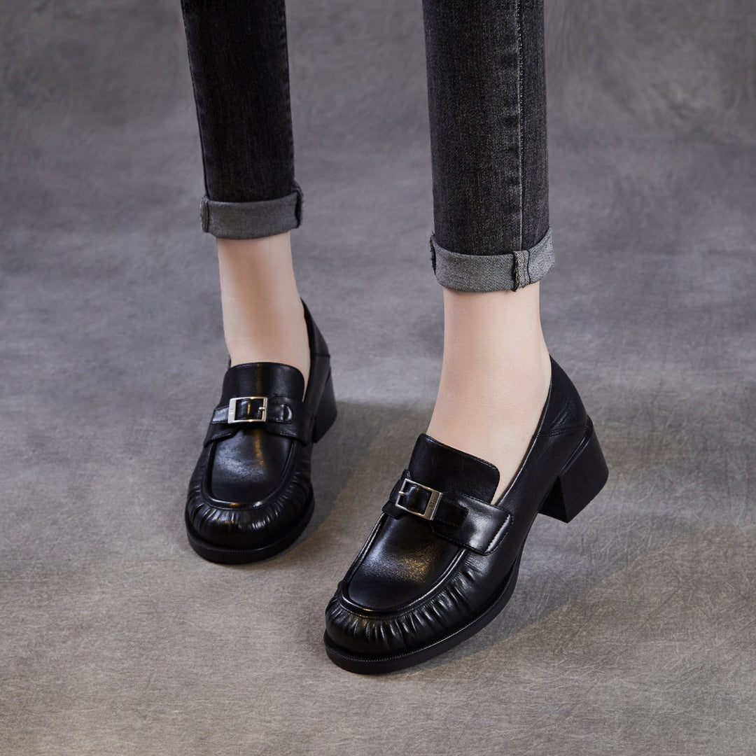 Women’s Sheepskin Leather Loafers – British Style Block Heel Mid Heel Shoes
