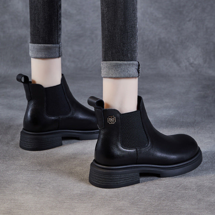 Women's Leather Short Boots – Chelsea Style Chunky Heel Comfort Shoes