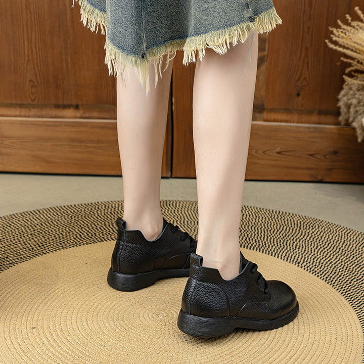 Women's Leather Oxfords - Pebble Grain Textured Round Toe Lace-Up Casual Shoes Comfort Walking Flats