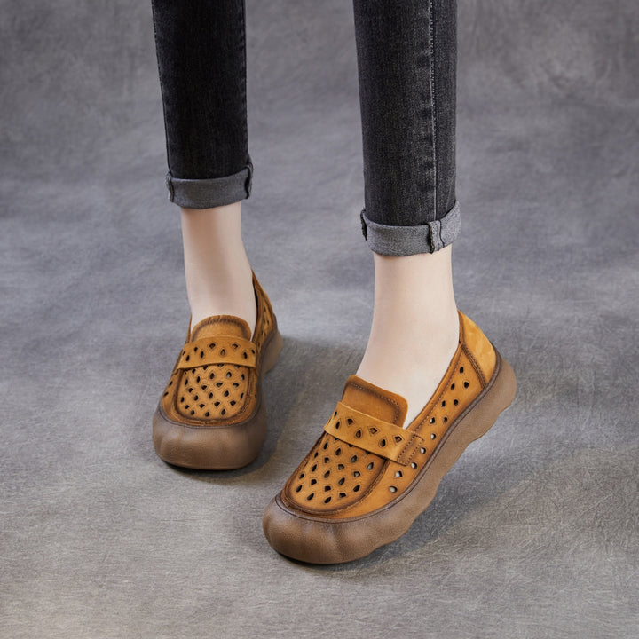 Women's Summer Leather Slip-on Flats — Cutout & Breathable Design