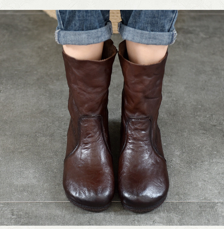 Women's Leather Round-Toe Calf Boots – Casual Comfortable Shoes