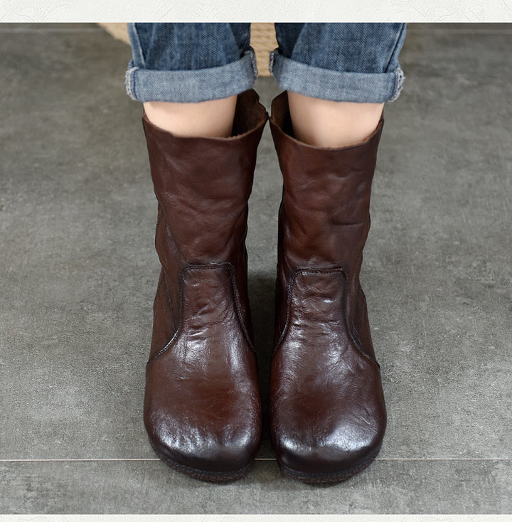Women's Leather Round-Toe Calf Boots – Casual Comfortable Shoes