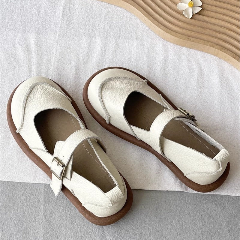 Women's Soft Leather Flat Mary Jane Shoes – Round Toe with Patchwork Design