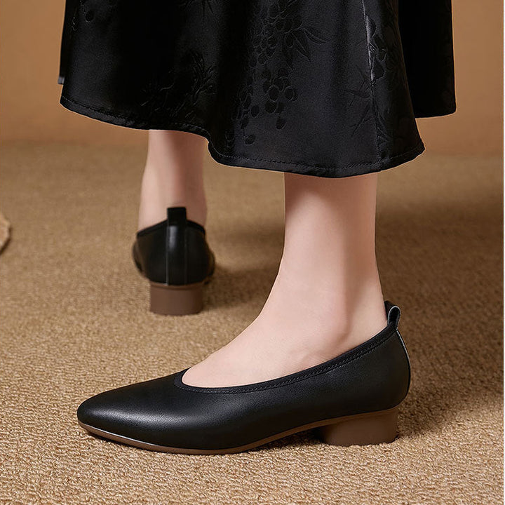 Women's Retro Leather Pumps Vintage Pointed Toe Slip-on Chunky Low Heels