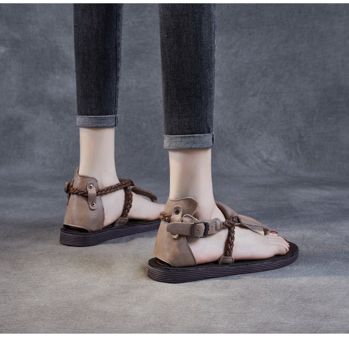 Women's Leather T-Strap Sandals - Vintage Braided Strappy Thong Flat Sandals Summer Buckle Slingback Shoes