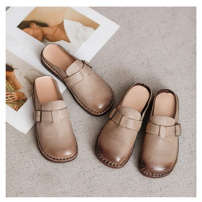 Wide Round Toe Leather Buckle With Decoration Flat Comfort Women's Mule Shoes