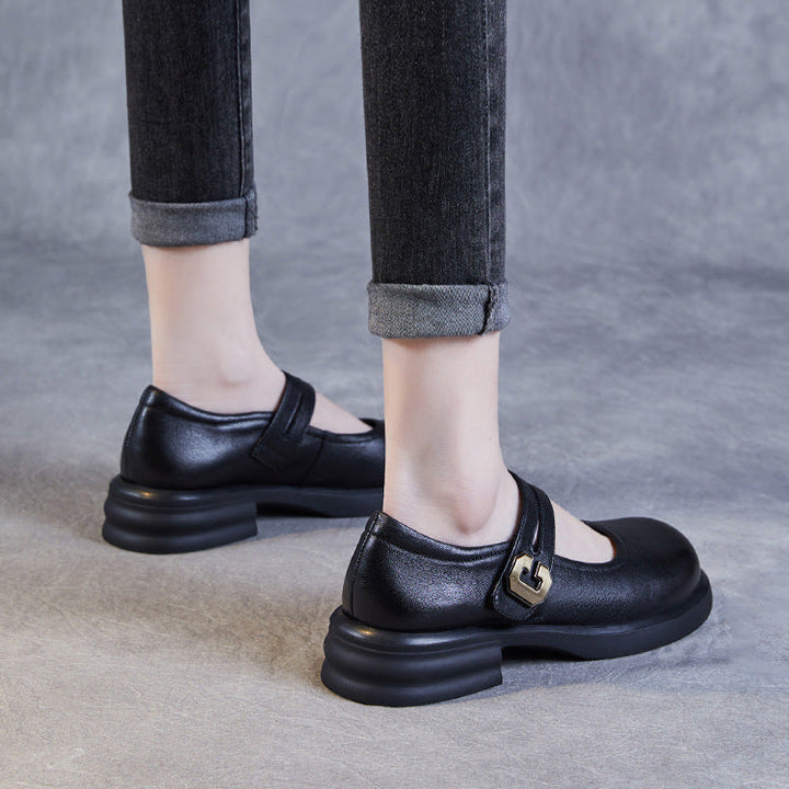 Women's Soft Leather Mary Janes – Round Toe Low Heel with Adjustable Velcro