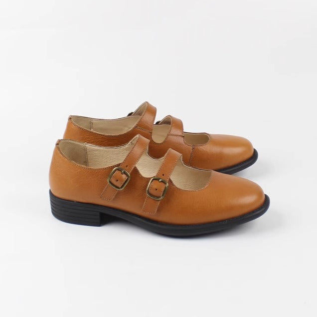 Women's Handmade Leather Classic British Style Double Buckle Mary Jane Shoes