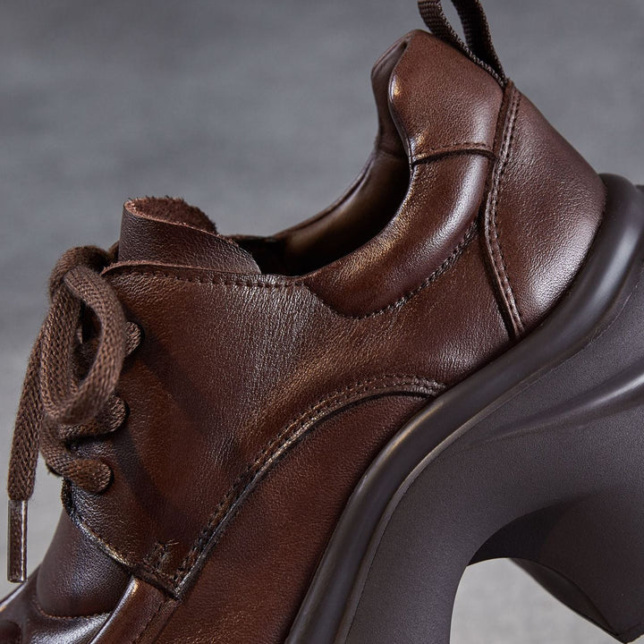 Women's Platform Genuine Leather Oxfords High Chunky Heel Lace Up Casual Shoes