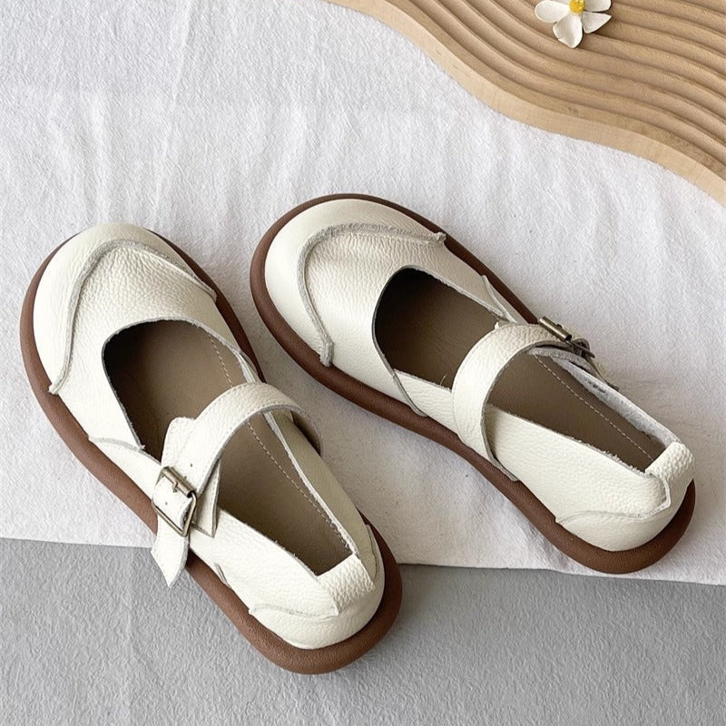 Women's Soft Leather Casual Flat Mary Jane Shoes with Buckle