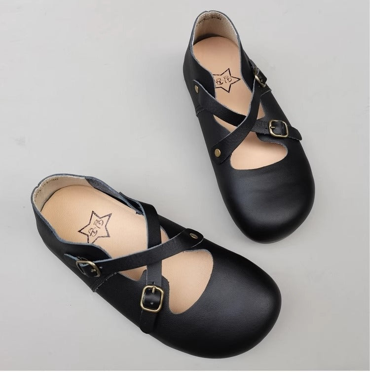 Women's Hidden Wedge Heel Shoes - Handmade Vintage Style with Cross Strap Buckle