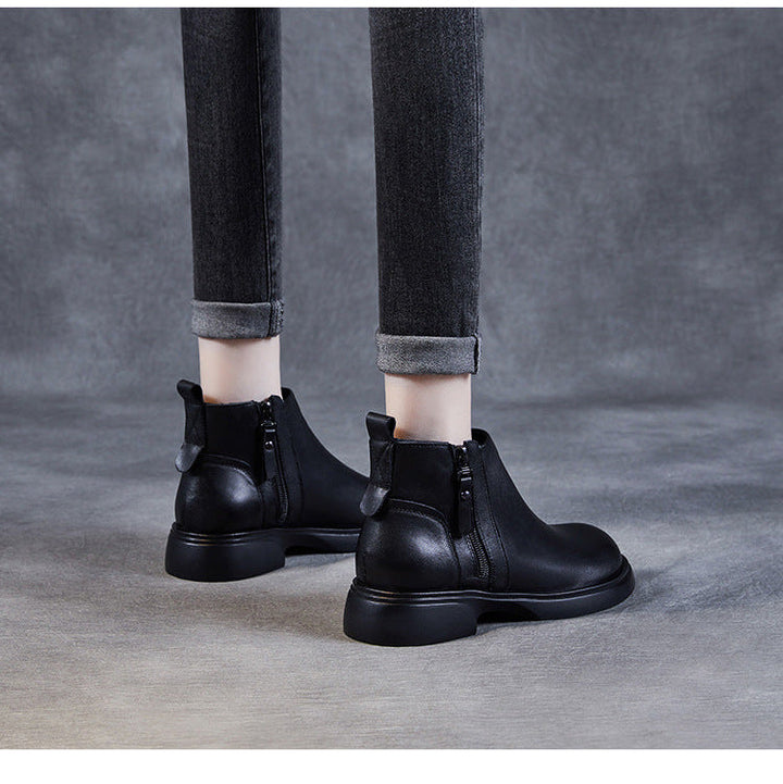 Women's Genuine Leather Casual Ankle Boots – Comfortable Double Zipper Design