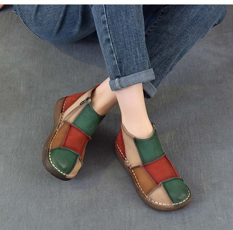 Women's Vintage Patchwork Leather Ankle Boots Hand-Stitched Flat Booties Zipper