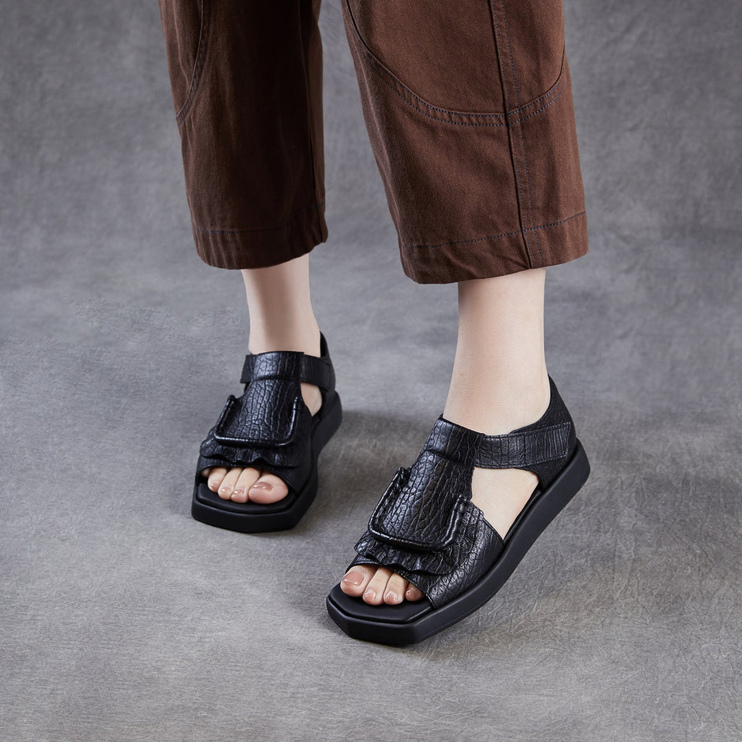 Women's Square Toe Platform Sandals Open Toe Retro Velcro Leather Ruffled Casual Summer Flats