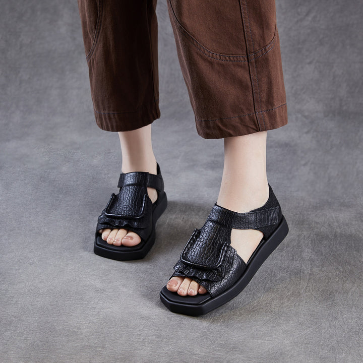 Women's Square Toe Platform Sandals Open Toe Retro Velcro Leather Ruffled Casual Summer Flats