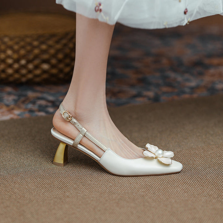 Women's Elegant Leather Flower Decoration Slim Heel Slingback Sandals