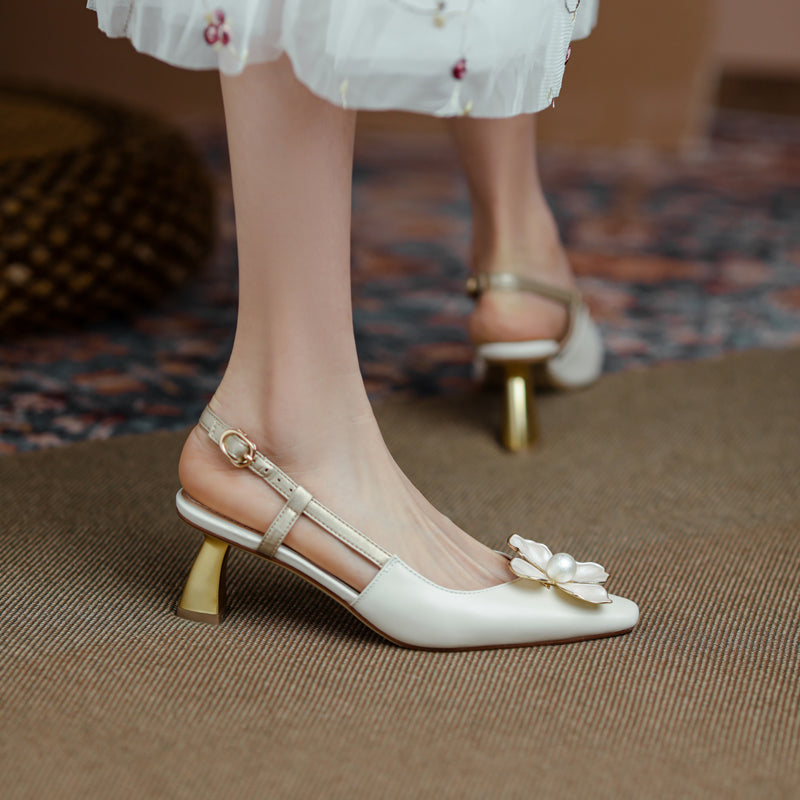 Women's Elegant Leather Flower Decoration Slim Heel Slingback Sandals