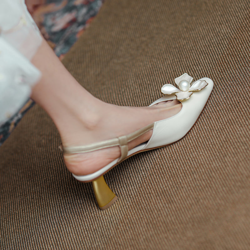 Women's Elegant Leather Flower Decoration Slim Heel Slingback Sandals
