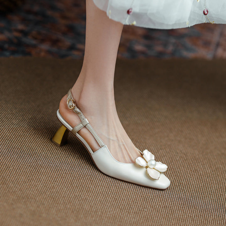 Women's Elegant Leather Flower Decoration Slim Heel Slingback Sandals