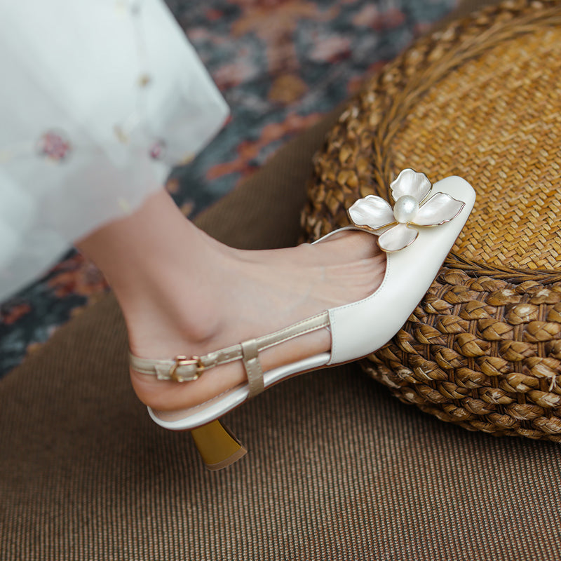 Women's Elegant Leather Flower Decoration Slim Heel Slingback Sandals