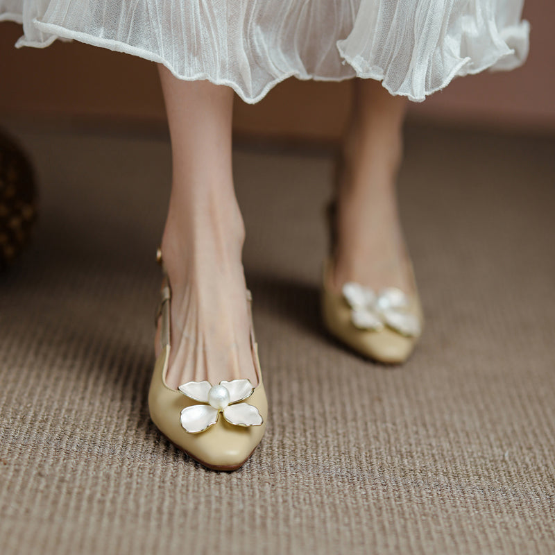 Women's Elegant Leather Flower Decoration Slim Heel Slingback Sandals