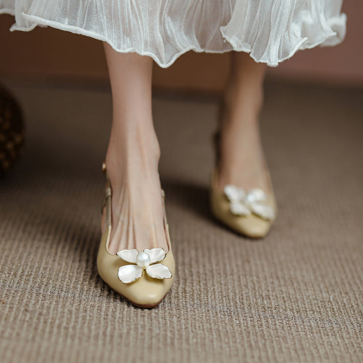 Women's Elegant Leather Flower Decoration Slim Heel Slingback Sandals