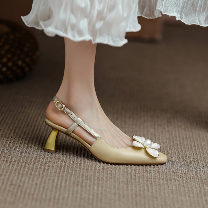 Women's Elegant Leather Flower Decoration Slim Heel Slingback Sandals