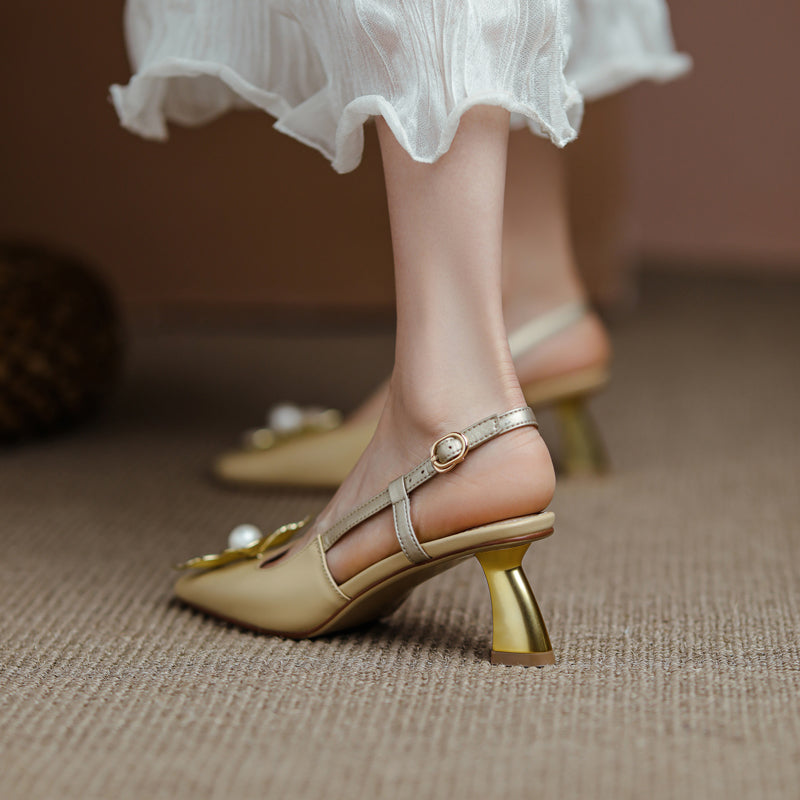 Women's Elegant Leather Flower Decoration Slim Heel Slingback Sandals