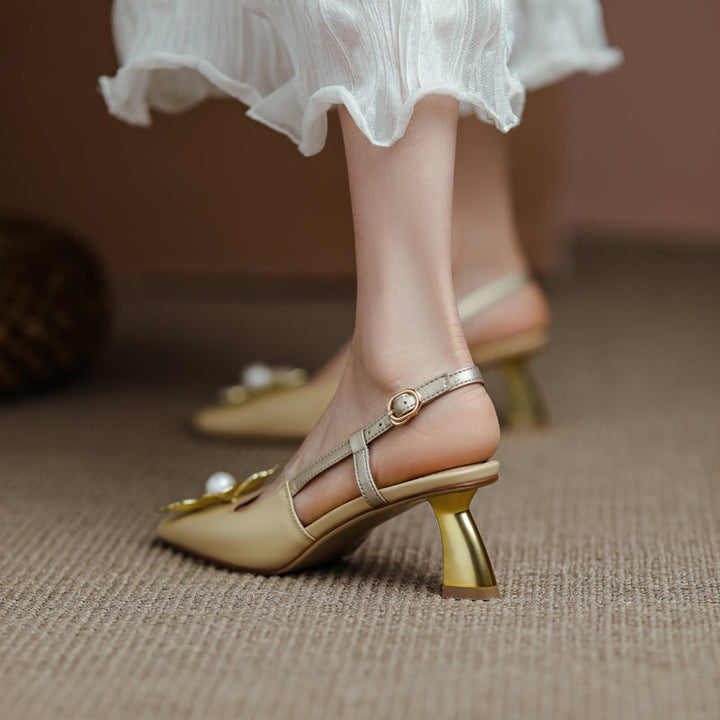 Women's Elegant Leather Flower Decoration Slim Heel Slingback Sandals