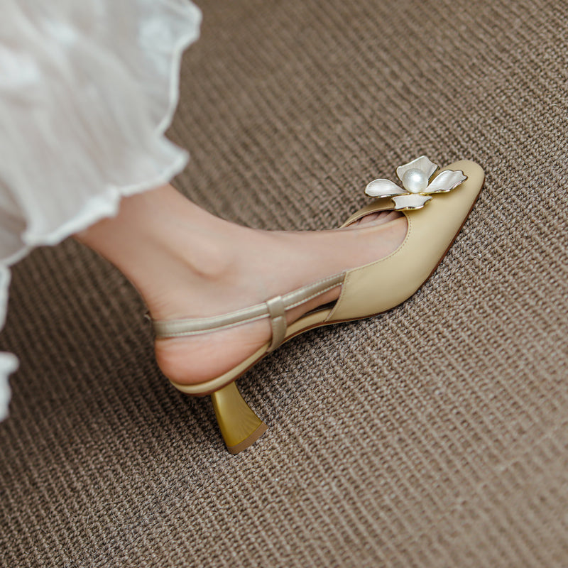 Women's Elegant Leather Flower Decoration Slim Heel Slingback Sandals