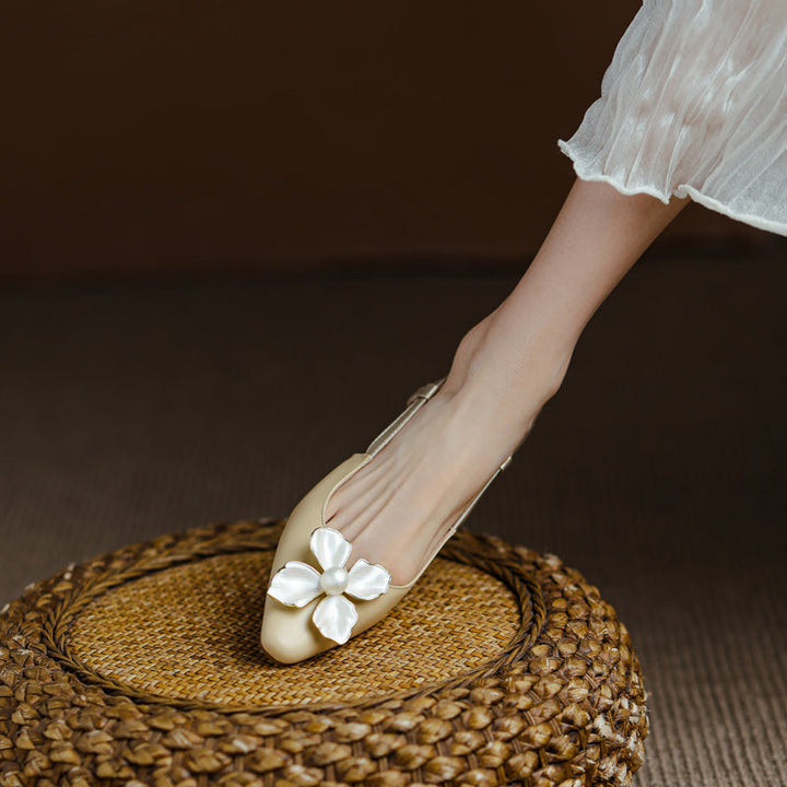 Women's Elegant Leather Flower Decoration Slim Heel Slingback Sandals