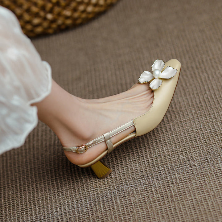 Women's Elegant Leather Flower Decoration Slim Heel Slingback Sandals