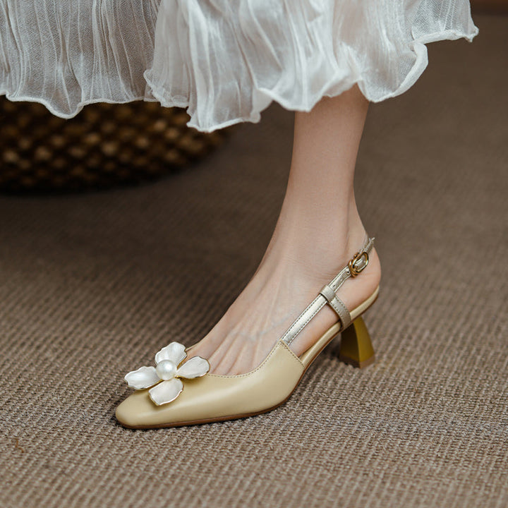 Women's Elegant Leather Flower Decoration Slim Heel Slingback Sandals