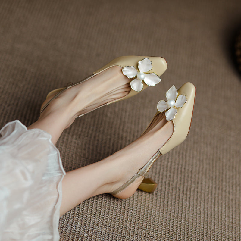 Women's Elegant Leather Flower Decoration Slim Heel Slingback Sandals