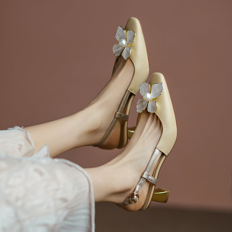 Women's Elegant Leather Flower Decoration Slim Heel Slingback Sandals