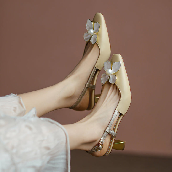 Women's Elegant Leather Flower Decoration Slim Heel Slingback Sandals