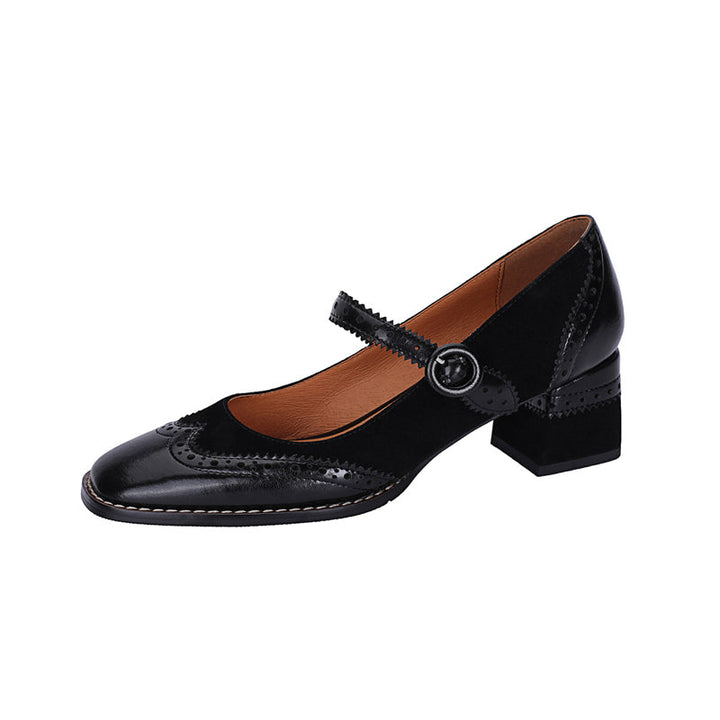 Women's Handmade Leather Square Toe Brogue Mary Jane High Heels