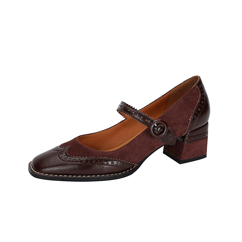 Women's Handmade Leather Square Toe Brogue Mary Jane High Heels