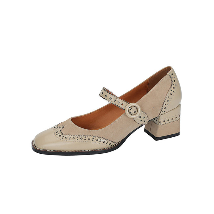 Women's Handmade Leather Square Toe Brogue Mary Jane High Heels