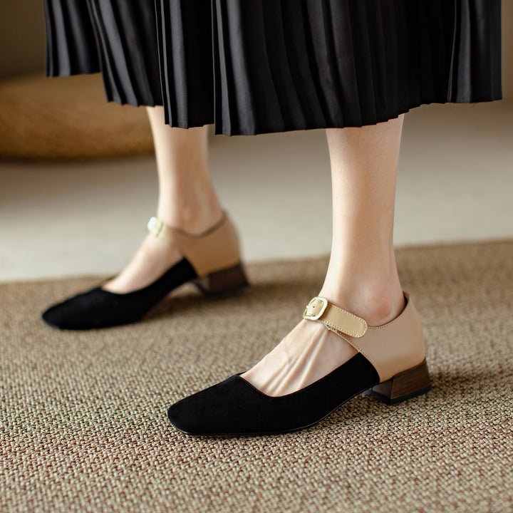 Caramel French Chunky Heel Mary Jane Handmade Leather Women's Shoes