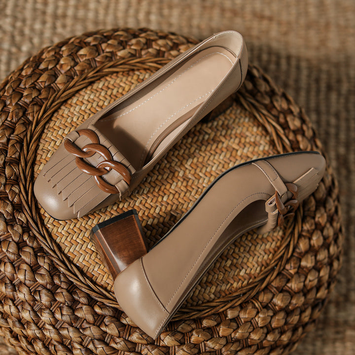 Elegant Women's Leather Pumps – Mid Block Heel with Tassel Chain Detail