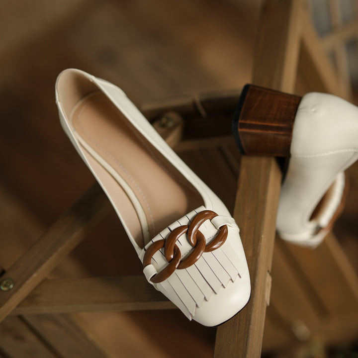 Elegant Women's Leather Pumps – Mid Block Heel with Tassel Chain Detail