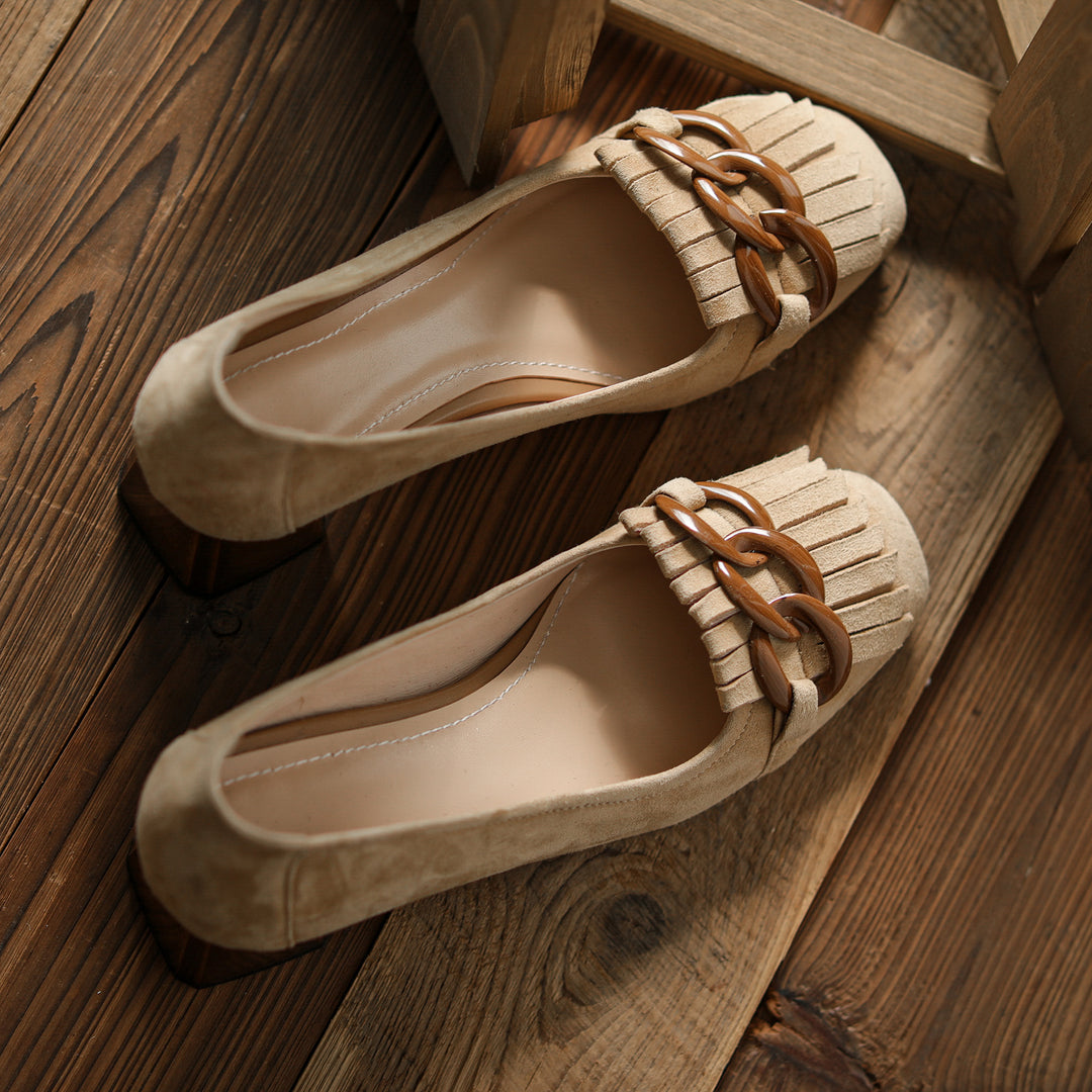 Elegant Women's Suede Leather Pumps – Mid Block Heel with Tassel & Chain