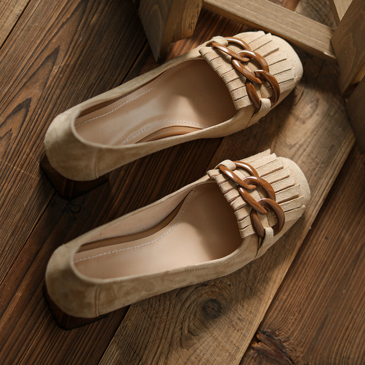 Elegant Women's Suede Leather Pumps – Mid Block Heel with Tassel & Chain