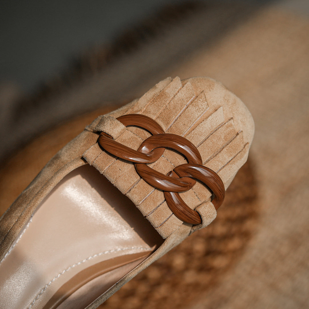 Elegant Women's Suede Leather Pumps – Mid Block Heel with Tassel & Chain
