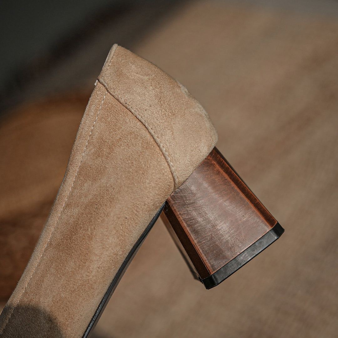 Elegant Women's Suede Leather Pumps – Mid Block Heel with Tassel & Chain