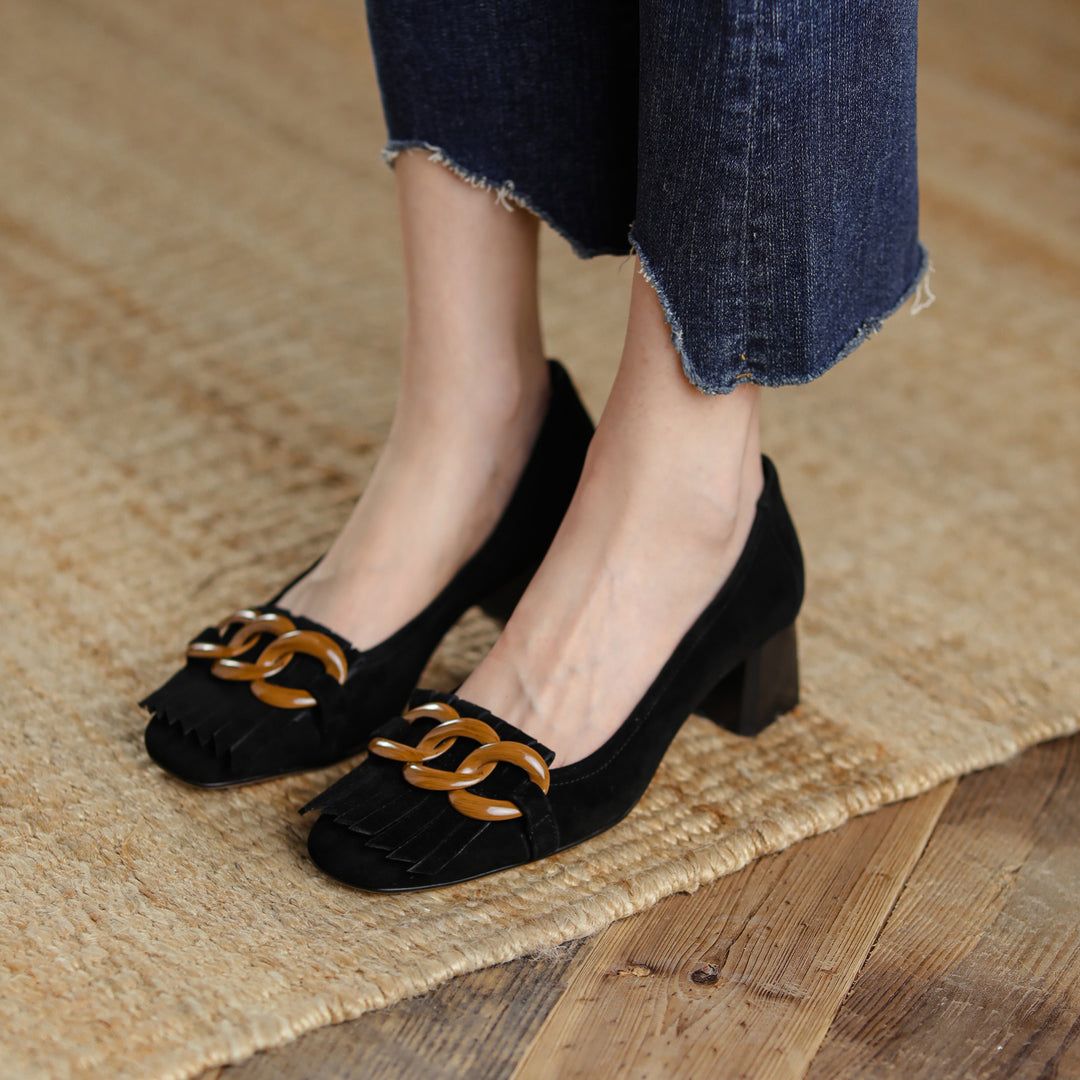 Elegant Women's Suede Leather Pumps – Mid Block Heel with Tassel & Chain